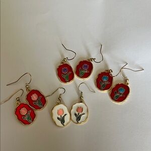 Floral Enamel Drop Earrings Set - Red, White, Gold, tulips 🌷